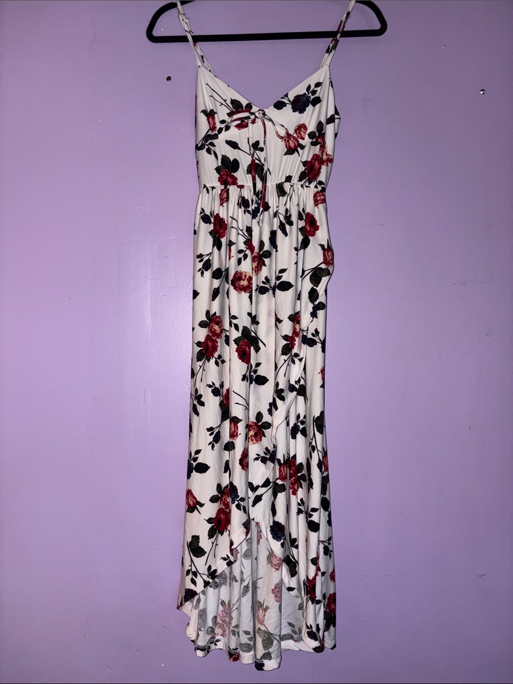 White Floral High-Low Maxi Dress with Red Rose Print